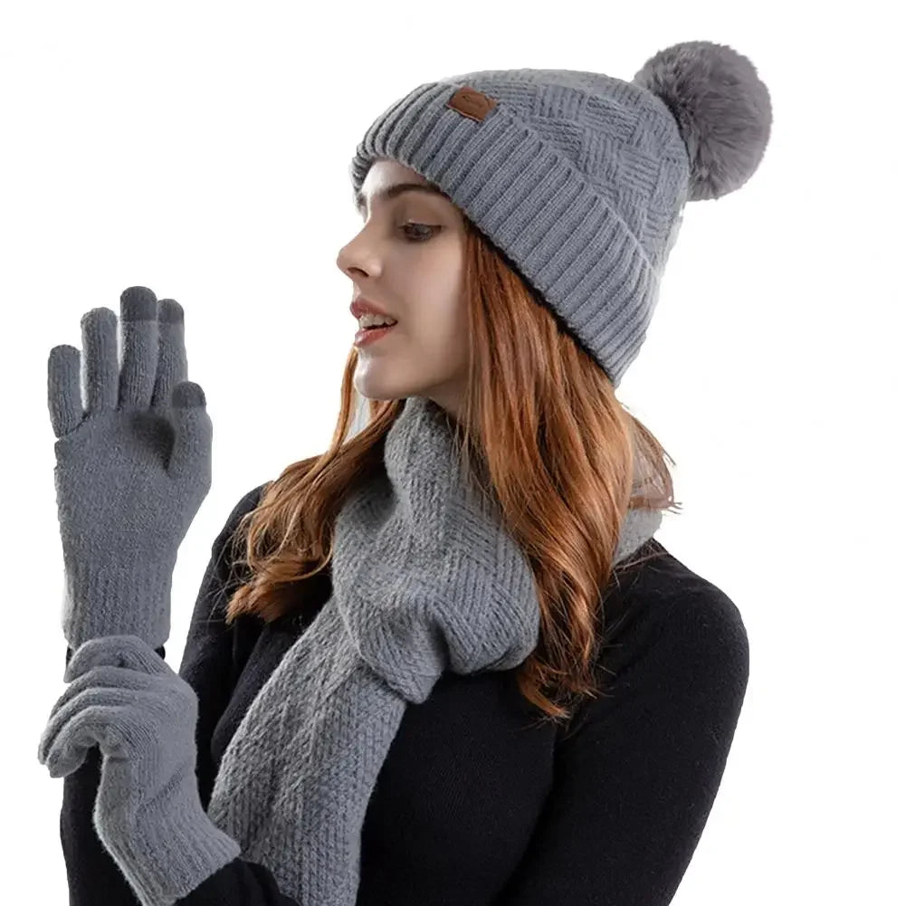 1 Set Women Hat Scarf Gloves Set Plush Lining Ear Protection Knitted Hat Scarf Mittens Set Woolen Hat Neckerchief Gloves Combo