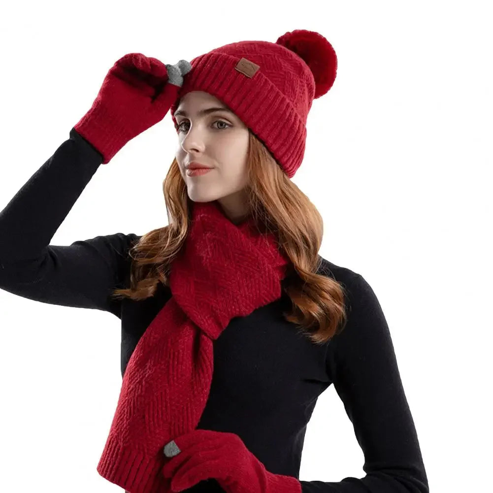 1 Set Women Hat Scarf Gloves Set Plush Lining Ear Protection Knitted Hat Scarf Mittens Set Woolen Hat Neckerchief Gloves Combo