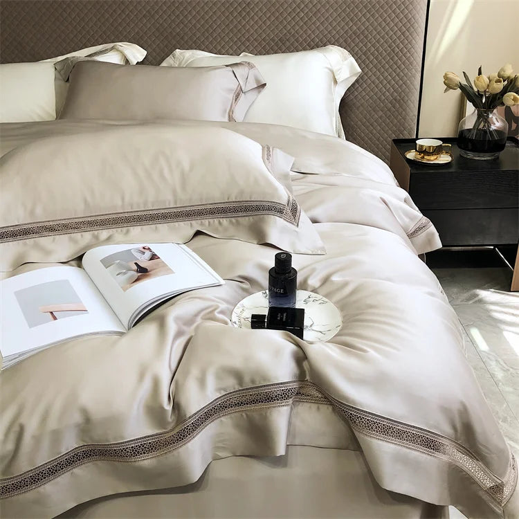 1000TC Egyptian Cotton Soft Cozy Bedding Set, Hollow Lace, Broad Side, Duvet Cover, Flat, Fitted Bed Sheet, Pillowcases, Luxury