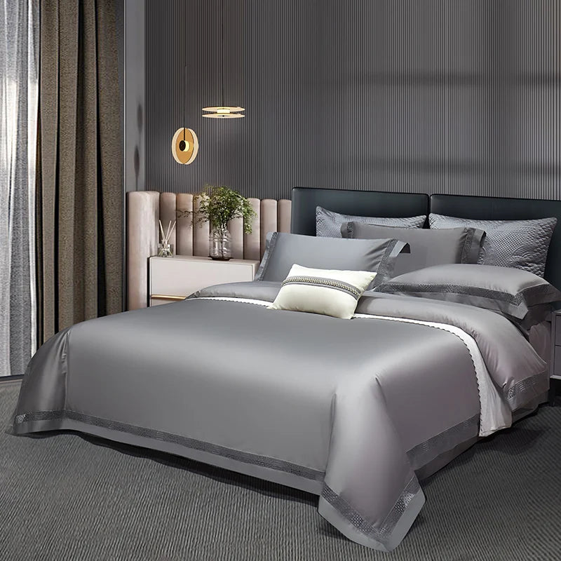 1400TC Egyptian Cotton Grey Luxury Hotel Style Hollow Wide Edge Bedding Set Duvet Cover Bed Sheet Fitted Sheet Pillowcases 4Pcs