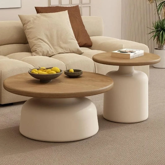 Cream Colored Solid Wood Coffee Table, Living Room Home Small Apartment, Simple Coffee Table, Circular Coffee Table Furniture