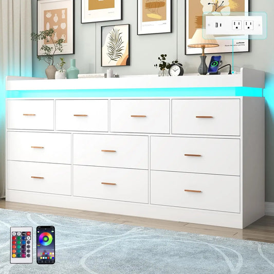 10 Drawer Dresser with LED Light and Charging Station, Modern Chest of Drawers for Closet, Wide Drawer Organizer Cabinet , White