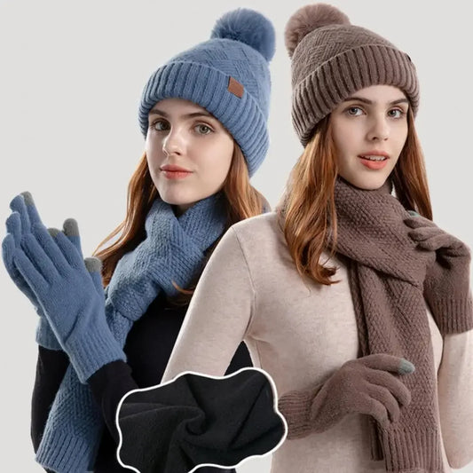 1 Set Women Hat Scarf Gloves Set Plush Lining Ear Protection Knitted Hat Scarf Mittens Set Woolen Hat Neckerchief Gloves Combo