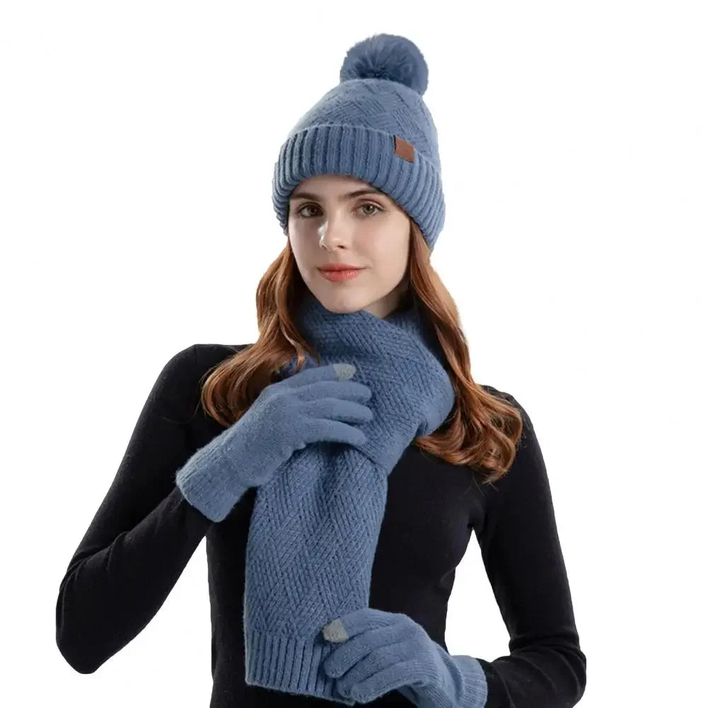 1 Set Women Hat Scarf Gloves Set Plush Lining Ear Protection Knitted Hat Scarf Mittens Set Woolen Hat Neckerchief Gloves Combo